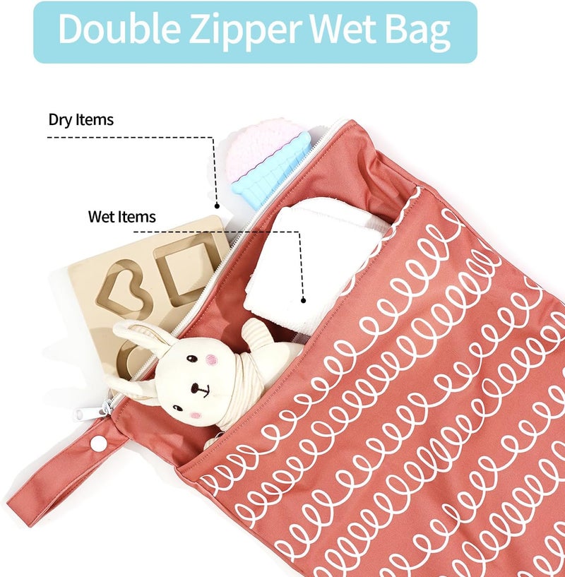 CoolaPeach 2pcs Wet Bags Waterproof Reusable Wet Dry Bag with Two Zippered Pockets Travel Beach Pool Daycare Yoga Gym Bag for Baby Cloth Diaper,Swimsuits,Wet Clothes (Circles & Arch Bridges) - Image 4